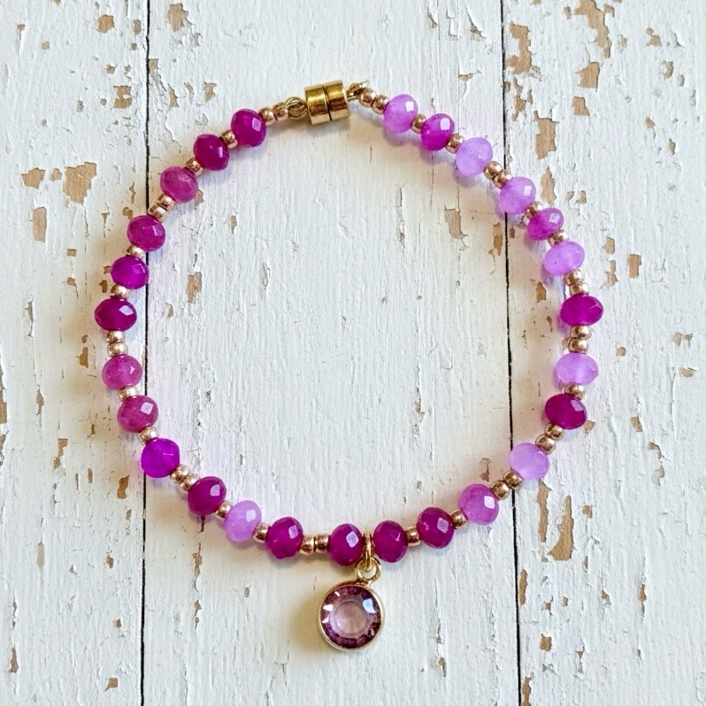 Dainty Barbie Pink Quartz & Gold Filled Beaded Bracelet with Pink Crystal Charm